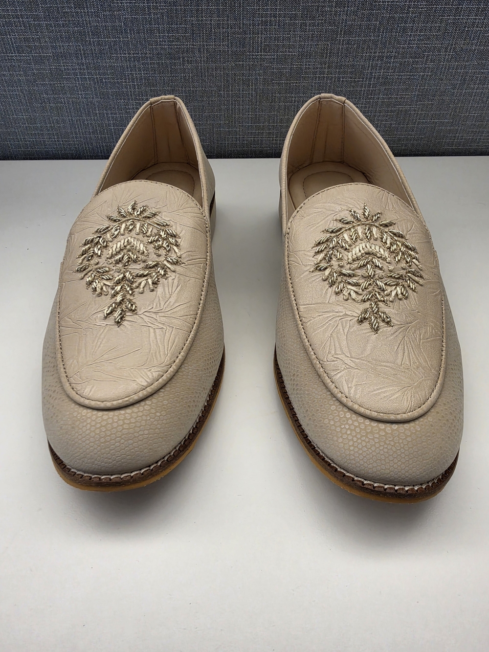 Men's Cream Embroidered Slip-On Loafers